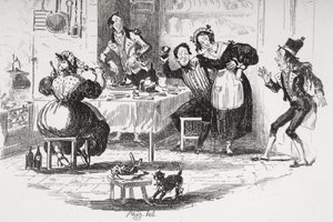 Job Trotter møder Sam i Mr. Muzzles køkken, illustration fra `The Pickwick Papers